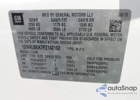 2015 Chevrolet Equinox 1Lt z USA, uszkodzony, nr VIN 1GNALBEK7FZ142102